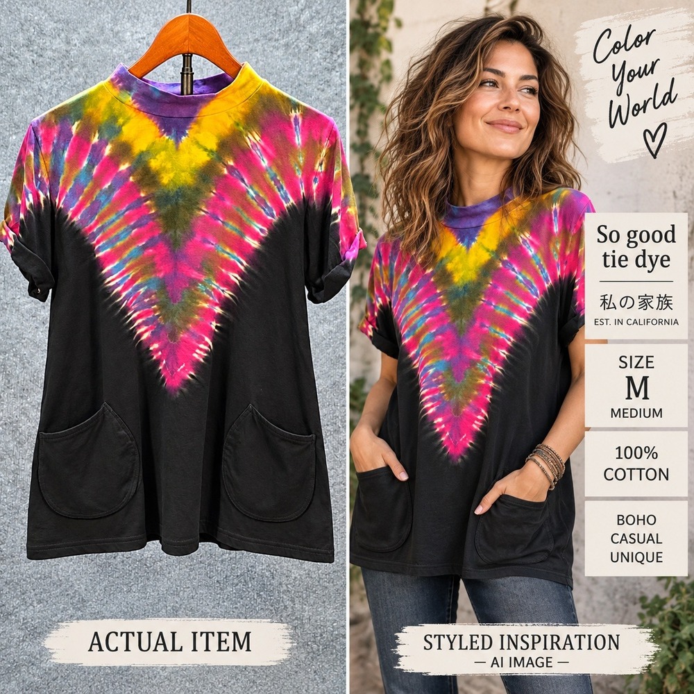 So Good Tie Dye T-Shirt Womens Medium Black Pink Yellow V Pattern Boho Excellent